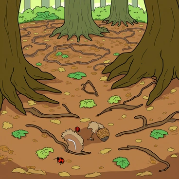 An intricate view of the forest floor filled with a variety of elements. The ground is covered with a rich assortment of brown fallen leaves, some of which are crinkled and others still have vivid green colors. Scattered among the leaves are twisted tree roots, some protruding from the soil, creating a natural maze. Tiny critters are visible, including a small brown squirrel with a bushy tail, scurrying near a cluster of acorns. A delicate ladybug is perched on a leaf, while a tiny ant is making its way along a root. Sunlight filters through the trees above, casting dappled light across this lively scene.