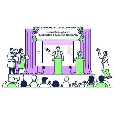 An award ceremony is taking place in a spacious hall adorned with elegant decorations. On the stage, there are three podiums, each with an award prominently displayed on top. To the left, a group of scientists in formal attire is standing together, smiling and holding certificates. In the center, a speaker is addressing the audience, gesturing enthusiastically while pointing to a large screen behind them that displays “Breakthroughs in Huntington's Disease Research.” The audience is seated in rows, showing anticipation, and there are cameras capturing the moments. Above the stage, a banner with the title of the event hangs, framed by green and purple floral designs.