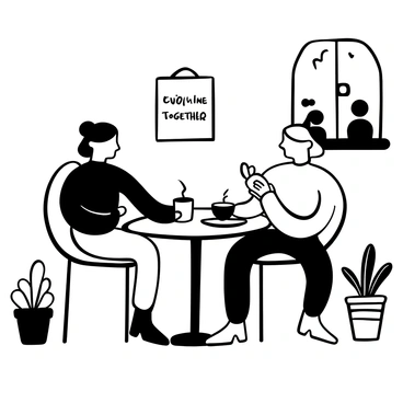 A couple sitting at a small round table in a cozy cafe, surrounded by warm elements like wooden furniture and potted plants. One person is in a wheelchair, with a comfortable blanket draped over their lap. The other person is leaning slightly forward, engaged in conversation. On the table, there are two steaming cups of coffee and a small plate with a shared dessert. A window in the background shows a hint of the outside, with a few people walking by. "Enjoying our time together" is written on a small chalkboard on the wall nearby.