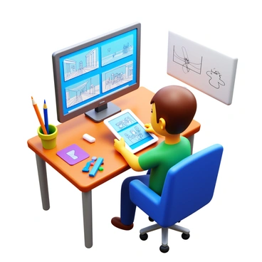 An artist sitting at a desk, sketching digital storyboards on a tablet. The artist has a focused expression, with their hand holding a stylus. The tablet displays various scenes and character designs for a short film project. There are pencils, erasers, and color swatches scattered around the desk. A computer monitor shows additional reference images and outlines. The workspace is well-lit, highlighting the artistic materials and the vibrant colors on the screen.