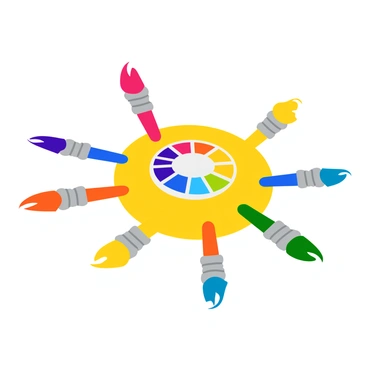 A set of paintbrushes, each dipped in vibrant colors, is arranged around a central color wheel. The paintbrushes feature varying bristle lengths and thicknesses, showcasing colors like bright red, deep blue, sunny yellow, and lush green. The color wheel in the center displays a spectrum of hues, including primary and secondary colors arranged in a circular pattern. The background is a soft gradient that complements the color palette, enhancing the visual impact of the colorful scene.