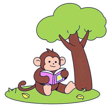 A cartoon monkey with brown fur sitting on a grassy patch under a green tree with a thick trunk and a full canopy. The monkey has large, expressive eyes and is holding a colorful storybook, with pages open as it reads. Sunlight filters through the leaves of the tree, casting playful shadows on the ground. The monkey appears focused and engaged, with a few scattered leaves nearby.
