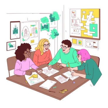 A group of four illustrators is gathered around a large wooden table in a well-lit studio. Each illustrator has unique characteristics: one has curly brown hair, another sports glasses, a third has vibrant pink hair, and the last has a short blonde haircut. They are animatedly discussing their ideas. 

Around them, multiple sketches of various characters and scenes are floating in the air, some are in shades of teal while others are in hues of yellow. Pencils, markers, and paper scattered across the table indicate a creative chaos. The walls are adorned with colorful artwork and mood boards, showcasing different styles and inspirations. One illustrator is pointing excitedly at a sketch, while another takes notes on a tablet.