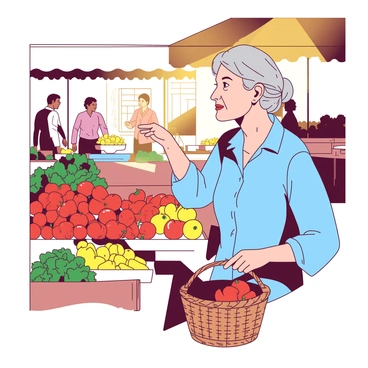 An elderly woman with grey hair tied back is selecting fresh produce at a bustling marketplace. She is wearing a light blue blouse and has a wicker basket in her right arm. Around her, there are various stalls filled with colorful fruits and vegetables, such as red tomatoes, yellow bell peppers, and green leafy vegetables. The sunlight filters through an awning, casting a warm golden light over the scene, creating soft shadows. Other shoppers are visible in the background, engaged in conversation and browsing the stalls.