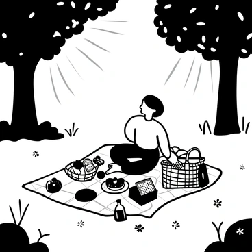 A "sun-dappled glade" is filled with various trees casting intricate shadows on the ground. In the center, a person is sitting on a checkered blanket surrounded by an assortment of picnic items. There is a woven picnic basket open with fruits scattered around, and a plate with sandwiches placed on the blanket. Nearby, a book lies open, and a bottle of water is upright, reflecting the surrounding light. The ground is dotted with patches of grass and small wildflowers, creating a tranquil environment.