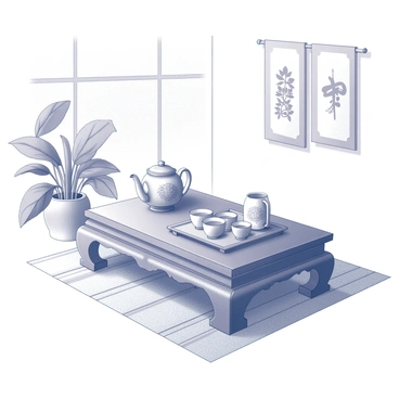 A traditional Chinese tea ceremony takes place in a serene indoor setting. A low wooden table is positioned at the center, featuring intricate carvings and smooth edges. On the table, a delicate tea set is displayed, including a teapot with ornate designs, several small teacups, and a tea tray that catches spilled tea. A bamboo mat lies beneath the table, adding texture to the scene. The background includes elements such as a lush indoor plant and decorative wall hangings with traditional motifs. The atmosphere conveys calmness and tranquility, inviting the viewer to appreciate the art of tea preparation.