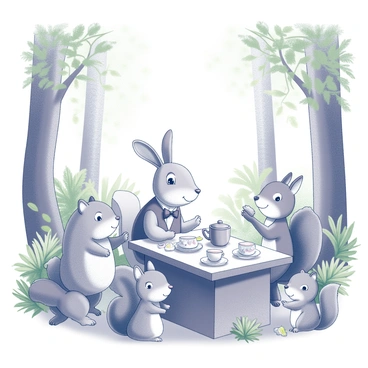 A rabbit is sitting at a small wooden table in a forest setting. The rabbit is wearing a small, elegant waistcoat and a bow tie. Around the table, various woodland animals are present, including a squirrel, a fox, and a hedgehog. The table is set with delicate teacups and a teapot, surrounded by an assortment of pastries and fruits. Lush green trees and ferns form the backdrop, with dappled light filtering through the leaves above. A cheerful atmosphere is created by the friendly interactions among the animals as they enjoy their tea party.