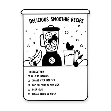 A recipe card featuring the words "Delicious Smoothie Recipe" at the top. The illustration shows a blender filled with assorted fresh fruits such as bananas, strawberries, and blueberries. A measuring cup filled with yogurt and another cup of orange juice is placed next to the blender. There are scattered fruits around the card, including whole strawberries and sliced bananas. The background has a subtle pattern of leaves to evoke a fresh theme. Step-by-step instructions are listed below the blender, each step numbered clearly.