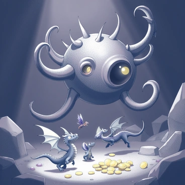 A large beholder with numerous eye stalks is floating in a dimly lit cavern. Its central eye is wide open, surveying the surroundings. Several small, colorful dragons are playing and interacting nearby. The dragons vary in size and have distinct features, such as sharp claws and delicate wings. The cavern is filled with rocky formations and treasures scattered across the ground, including gold coins and sparkling gems. The atmosphere is lively as the dragons flit around the beholder, creating a sense of harmonious coexistence.