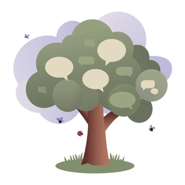 A digital flat illustration featuring a large tree with a thick brown trunk and green leaves shaped like various speech bubbles. The speech bubble leaves are in different shades of green and are scattered throughout the branches. The background is a light blue sky with a few fluffy white clouds. At the base of the tree, there is vibrant green grass. A few small insects, like ladybugs and butterflies, are fluttering around the tree, highlighting the theme of growth through feedback.