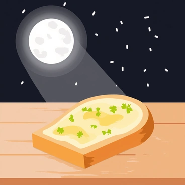 Garlic bread glowing softly under a full moon in a night scene