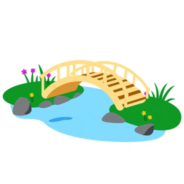 A delicate bridge made entirely of matchsticks spans a small stream. The bridge has a slight arch in the middle, showcasing intricate details of the matchsticks arranged closely together. Below the bridge, the clear water of the stream flows gently, reflecting the light. On either side of the stream, there are small patches of green grass and tiny wildflowers, adding a touch of color to the scene. Small rocks are placed along the edges of the stream, enhancing the natural setting.
