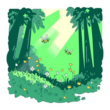 A group of yellow bees is buzzing through a green lush forest. The forest is filled with tall trees, and beams of light are filtering through the dense canopy above. The ground is covered with green foliage, and small colorful flowers are scattered throughout the scene. The bees are flying in various directions, collecting nectar from the flowers. The sunlight creates a warm glow in the forest, highlighting the vibrant greens and the busy activity of the bees.