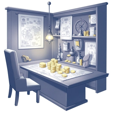 The interior of a pirate captain's cabin is filled with an array of detailed maps scattered across a large, worn wooden table. Gold coins are piled high in uneven stacks, glinting in the flickering light of an oil lamp hanging from the ceiling. The walls are adorned with nautical artifacts, such as a large ship's wheel and various compasses. A plush leather chair sits beside the table, showing signs of wear from use. Shelves are cluttered with scrolls and various sea charts, while a tattered flag hangs prominently in one corner, adding to the adventurous atmosphere of the cabin.
