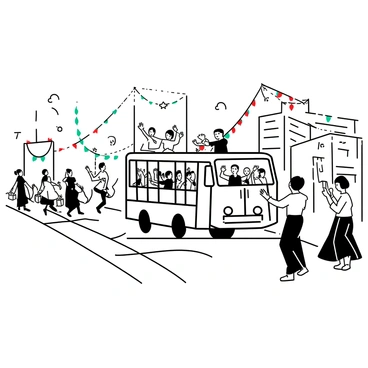 A decorated bus driving down a festive street, adorned with colorful banners and streamers. The bus is filled with performers waving to the crowd. Dancers in elaborate costumes are following the bus, moving gracefully as they perform choreographed steps. Musicians are playing instruments, adding rhythm to the scene. The street is lined with excited spectators watching the parade, while buildings in the background feature decorations.