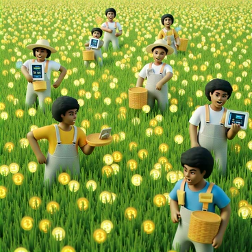 A group of farmers with diverse appearances, including a woman with curly black hair and a man with a straw hat, are working in a vibrant digital field filled with glowing, pixelated bitcoin symbols scattered across the ground. They are using unique virtual tools resembling futuristic harvesting equipment, like holographic sickles and digital baskets, to collect the bitcoins. The atmosphere is bustling as they move efficiently, with some farmers interacting with floating screens displaying data related to their harvest. Bright colors and geometric patterns enhance the digital environment, creating a lively and engaging scene.