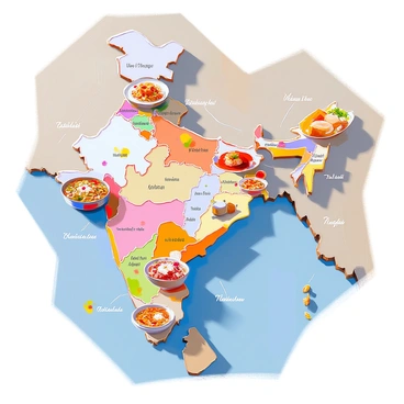 A detailed map of India highlighting various popular regional dishes and food hotspots across the country. Different states are marked with their respective signature dishes, such as "Biryani" in Hyderabad, "Pani Puri" in Mumbai, "Dhokla" in Gujarat, and "Masala Dosa" in Tamil Nadu. Each region features colorful illustrations of iconic foods and local specialties. Food hotspots are indicated with vibrant markers, showcasing bustling markets and renowned restaurants. The layout is clear and inviting, allowing viewers to easily recognize the diverse culinary landscape of India.