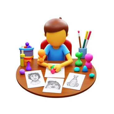 A student sitting at a wooden table, focused on a mixed media project. The table is cluttered with colorful clay models shaped into various figures. Beside the clay, there are several sheets of paper with intricate drawn illustrations. The student holds a small clay figure in one hand, while using a pencil to add details to an illustration with the other hand. In the background, art supplies like paints, brushes, and markers are visible, creating a creative atmosphere.