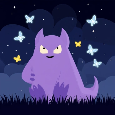 A Gengar, with its purple body and mischievous grin, is positioned in the foreground, its eyes wide with curiosity. Surrounding it is a swarm of glowing butterflies, each fluttering through the air with luminescent blue and yellow wings. The night sky overhead is dotted with stars, and a soft, magical glow emanates from the butterflies, illuminating the area around Gengar. The ground is covered in dark grass, contrasting with the bright colors of the butterflies and the vibrant hue of Gengar's figure.