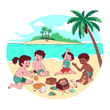 A teal tropical island is framed by clear blue waters gently lapping at the shore. On the sandy beach, a group of children are playing, with bright smiles on their faces. Some children are digging in the sand, uncovering shiny shells and colorful trinkets that glimmer in the sunlight. One child is holding up a small, sparkling treasure chest, while another is pointing excitedly at a unique seashell. Palm trees with green fronds sway gently in the background, adding to the lively atmosphere of this playful scene.