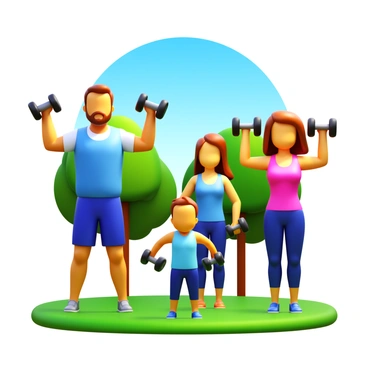 A family of four exercising together in a park. Each member is engaged in doing bicep curls. The father is lifting a pair of dumbbells with a focused expression. The mother is performing the same exercise, showcasing her strength. A teenage daughter is also following suit, with her eyes on her form. The younger son is mimicking his parents, lifting a smaller set of dumbbells. Surrounding them are green grass, trees in the background, and a clear blue sky above.