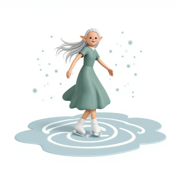 An elf, with long flowing silver hair and pointed ears, is gracefully ice skating on a frozen pond. She is wearing a shimmering green dress that moves elegantly with her movements and silver skates that glide smoothly over the surface. The ice is clear and reflects the light, and she is leaving intricate swirly patterns behind her as she dances across the pond. Snowflakes fall gently around her, adding a touch of winter magic to the scene. The elf has a joyful expression on her face as she enjoys her skating.