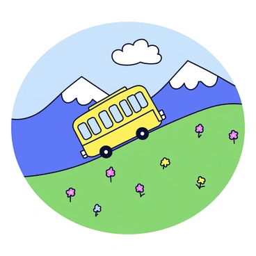 A trolley car with a bright yellow color ascends a steep hill. The trolley has large windows and a wooden exterior. In the background, there is a range of mountains with snow-capped peaks. The sky is clear with a few fluffy white clouds. The hill is covered with green grass and scattered wildflowers, creating a vibrant scene.