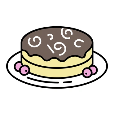 A round classic French gateau with a smooth, glossy chocolate ganache coating. The top of the cake is adorned with delicate swirls and patterns, showcasing a minimalist design. It sits on a clean white plate, with a few fresh berries artfully arranged around the base. The cake features a subtle sheen, highlighting its rich texture and layers.