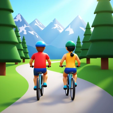 Two friends riding bicycles on a winding mountain path lined with greenery. The first friend has short brown hair and is wearing a blue helmet and a red t-shirt. The second friend has long black hair tied in a ponytail, wearing a green helmet and a yellow tank top. In the background, there are tall mountains with patches of snow and a clear blue sky. Sunlight is filtering through the trees, casting dappled shadows on the ground. Both bicycles are mountain bikes with thick tires.