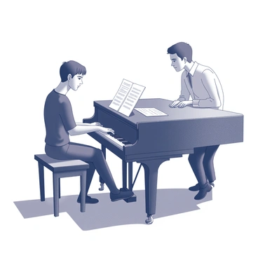 Two musicians are engaged in a duet at a grand piano. One musician is seated on the left, a focused expression on their face as they play a series of notes with their right hand while their left rests lightly on the piano's surface. The second musician, located on the right, leans slightly forward, their fingers dancing over the keys in sync with their partner. The room is softly lit, casting gentle shadows and creating a cozy atmosphere. There are music sheets placed on the piano, displaying the score they are performing.