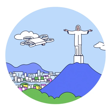 A tiny drone is flying in the sky, capturing an aerial view of "Christ the Redeemer," the iconic statue standing on a mountain. The statue is depicted with outstretched arms, overlooking a vibrant city below. The foreground shows the drone with its four propellers spinning, and the background displays a clear blue sky with a few fluffy white clouds. The city is scattered with buildings and greenery, creating a lively urban landscape beneath the statue.