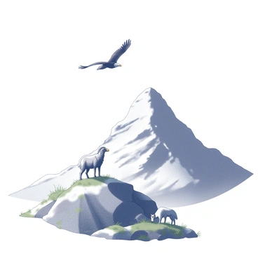 A towering snowy mountain peak rises majestically against the sky. The summit is capped with a thick layer of snow, glistening in the light. In the foreground, a goat stands atop a rocky outcrop, grazing on sparse green shrubs peeking through the snow. Above, an eagle soars with its wings fully extended, capturing the sense of freedom as it glides through the air. In the shadows at the base of the mountain, a wolf is partially concealed, observing its surroundings with keen eyes, adding a sense of intrigue to the scene.