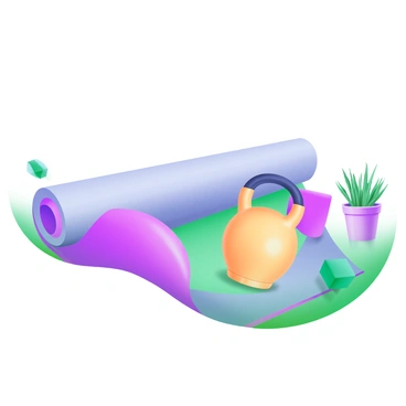 A modern pastel illustration featuring a yoga mat rolled out on a soft surface. Next to the mat, there is a brightly colored kettlebell with a smooth finish. The scene showcases a harmonious blend of strength and flexibility training. The kettlebell has a slightly reflective surface, contrasting with the textured fabric of the mat. Surrounding these elements, there are subtle hints of greenery, such as small potted plants, enhancing the overall theme of wellness and fitness.
