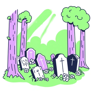 A collection of gravestones is nestled among tall trees in a forest clearing. The gravestones are varying shapes and sizes, some with intricate carvings while others are simple and understated. Sunlight filters through the canopy of leaves above, creating dappled patterns of light and shadow on the ground. The trunks of the tall trees are thick and textured, with patches of moss at their bases. Surrounding the gravestones, there are clusters of wildflowers in different positions, adding a touch of life to the serene setting. The atmosphere is quiet, with the natural sounds of the forest providing a gentle backdrop.