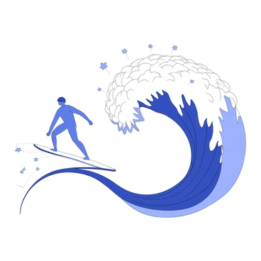 A surfer riding on a wave of brainwaves and synapses
