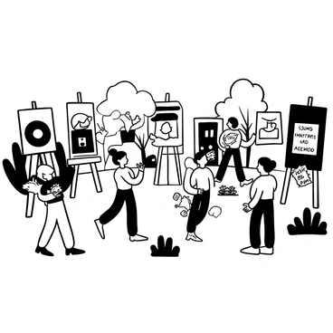 A large open space filled with various artworks displayed on easels and panels. Different pieces of art depict themes of social justice, such as equality, freedom, and activism. Several people are walking around, examining the artwork and discussing the messages behind them. Some individuals are holding signs with phrases like "Equality for All" and "Justice Matters." Trees and greenery surround the exhibition area, creating a natural setting for the event. The sky is clear, allowing sunlight to illuminate the artworks and the participants engaging with them.