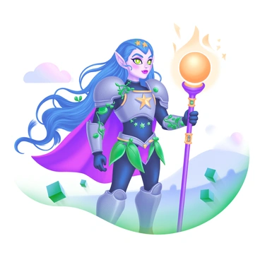 A modern pastel illustration featuring a unique fantasy character standing confidently on a 1/2 size illustration board. The character has long, flowing hair in shades of blue and purple, adorned with shimmering stars. They wear intricate armor that combines elements of nature and magic, with leaves and vines intertwining with metallic accents. Their eyes glow with a mystical light, and they hold a staff topped with a glowing orb. The background includes soft, swirling pastel clouds and hints of distant mountains, creating an enchanting atmosphere that complements the character’s design.