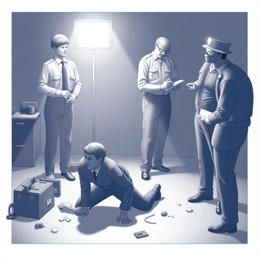 A group of actors positioned in a dimly lit space, reenacting a crime scene for a documentary film. One actor, dressed in a 1920s suit, is kneeling on the ground with a distressed expression, while another actor, wearing a vintage police uniform, stands nearby taking notes on a notepad. The scene is filled with various props such as a vintage telephone, a briefcase, and scattered items on the floor, adding to the authenticity of the reenactment. Additionally, there are studio lights illuminating the actors, casting dramatic shadows that enhance the intensity of the moment. The actors exhibit focused expressions, fully immersed in their roles.