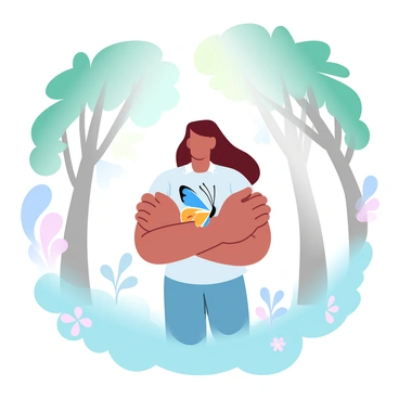 A person is standing in a sunlit forest, surrounded by tall trees with lush green leaves. The sunlight filters through the branches, creating a warm glow in the scene. The person is wearing a light-colored shirt and has their arms gently wrapped around a vibrant butterfly. The butterfly's wings are open, displaying a mix of bright colors such as blue, orange, and yellow. The forest floor is covered in soft moss with a few scattered wildflowers, adding to the enchanting atmosphere of the moment.