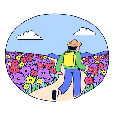 A hiker with a yellow backpack is walking along a winding path through a vast field filled with colorful blooming wildflowers. The flowers include vibrant shades of purple, red, and yellow, creating a patchwork of colors across the landscape. Above, the sky is clear and bright blue, with a few fluffy white clouds scattered. The hiker is wearing a green jacket and a wide-brimmed hat, enjoying the beauty of the scenery.