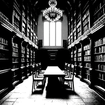 An ancient library is located inside a grand castle. The walls are lined with tall wooden bookshelves that reach the ceiling, filled with an array of books. Some books are floating mid-air, suspended as if by magic. Sunlight filters through large stained glass windows, casting intricate patterns on the stone floor. A massive wooden table is positioned in the center, surrounded by high-backed chairs. The ceiling is adorned with detailed carvings, and a grand chandelier hangs above, illuminating the space.