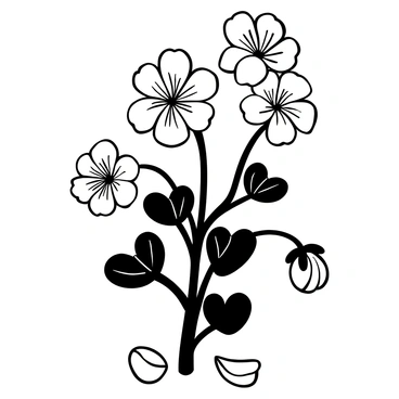 A black and white ink drawing of a geranium plant with detailed shading