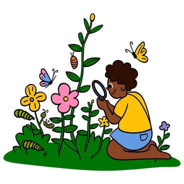 A child with light skin and big eyes is kneeling on the grass, closely observing a vibrant garden filled with colorful flowers and lush green plants. The child has short, curly brown hair and is wearing a bright yellow t-shirt and denim shorts. The garden features several butterflies fluttering around, some resting on flowers. Nearby, there are caterpillars on leaves and a small cocoon hanging from a branch. The child is looking intently at a butterfly, holding a magnifying glass in one hand, as they explore and discover clues about the life cycle of butterflies.
