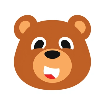 A cartoon-style bear head with a round shape and soft brown fur. The bear features a friendly smile that reveals a bit of its white teeth. Its big, bright eyes are wide open, showcasing a glimmer of excitement. The bear's ears are rounded and slightly tilted, contributing to its adorable appearance. The overall expression radiates warmth and approachability, inviting smiles from viewers.