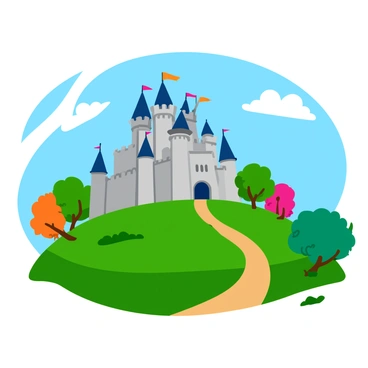 A grand castle with tall, pointed towers and a large central keep sits atop a lush green hill. The castle features intricate stonework and a large arched entrance, with colorful banners fluttering from the towers. Surrounding the hill are vibrant trees with thick canopies and a winding path leading up to the castle gate. In the distance, a bright blue sky with fluffy white clouds completes the scene.