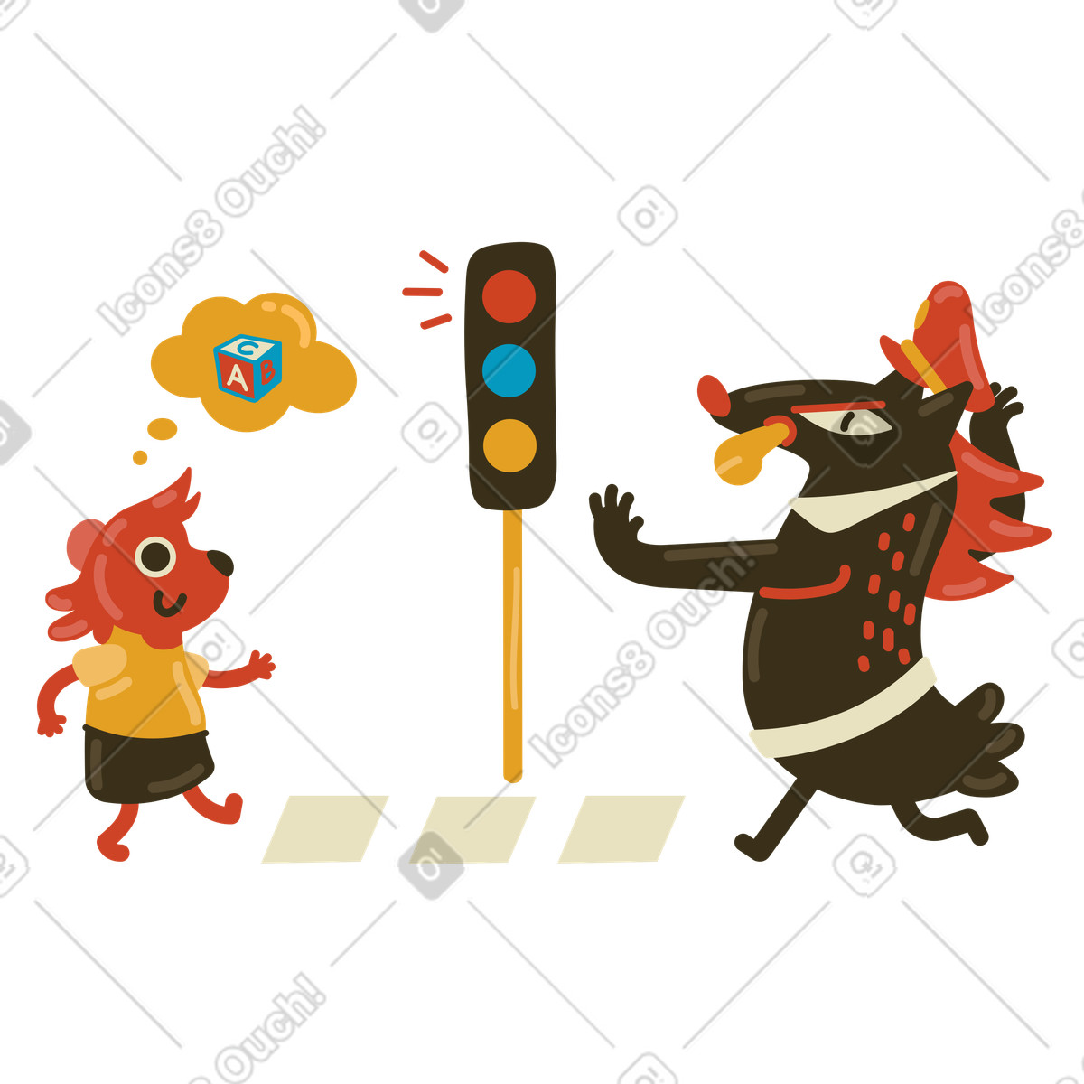 Traffic officer stopping child from crossing street at red light illustration in PNG, SVG