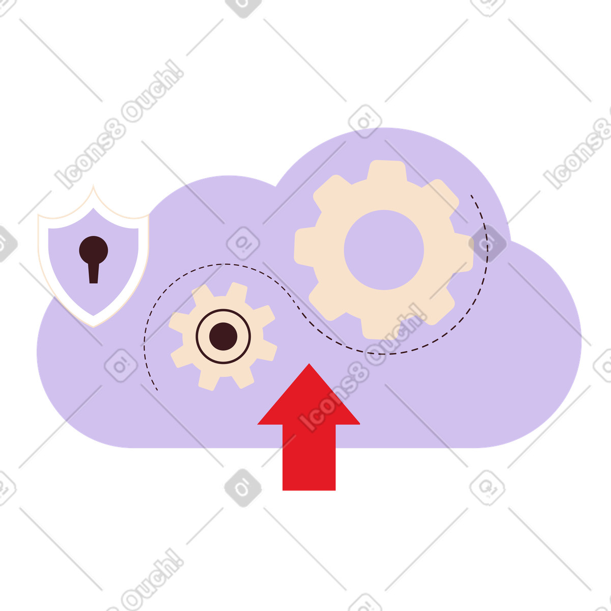 Illustration Cloud with cogwheels and shield,Cloud backup settings adjustment dans le style Folks à télécharger aux formats PNG, SVG