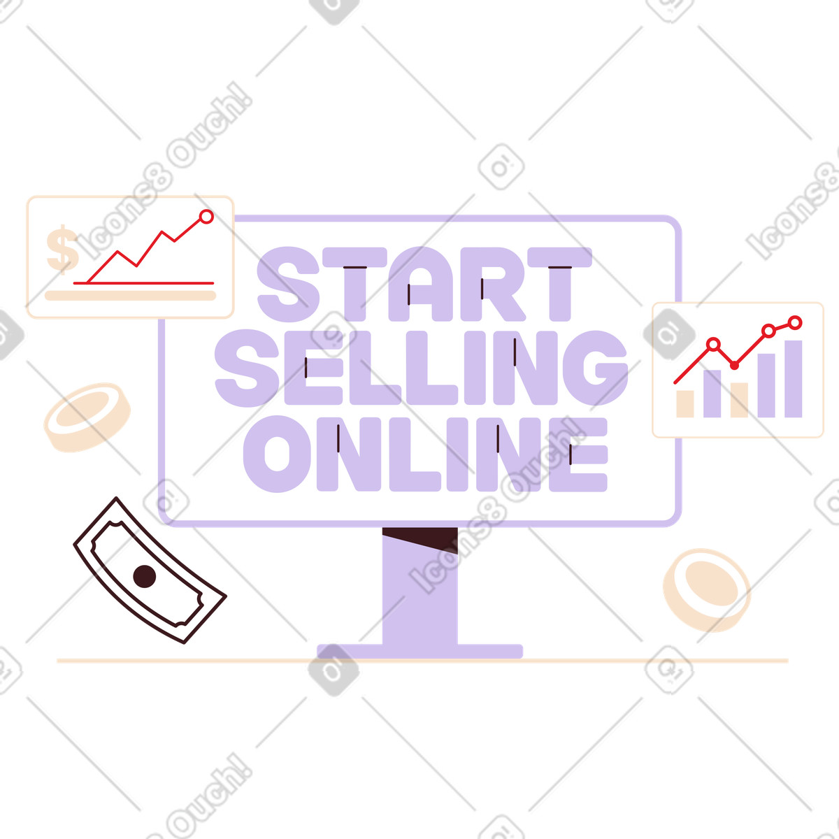 Schriftzug „start selling online“ auf dem bildschirm mit münzen und text zu wachstumsdiagrammen-Illustration im Folks-Stil als Download in PNG, SVG