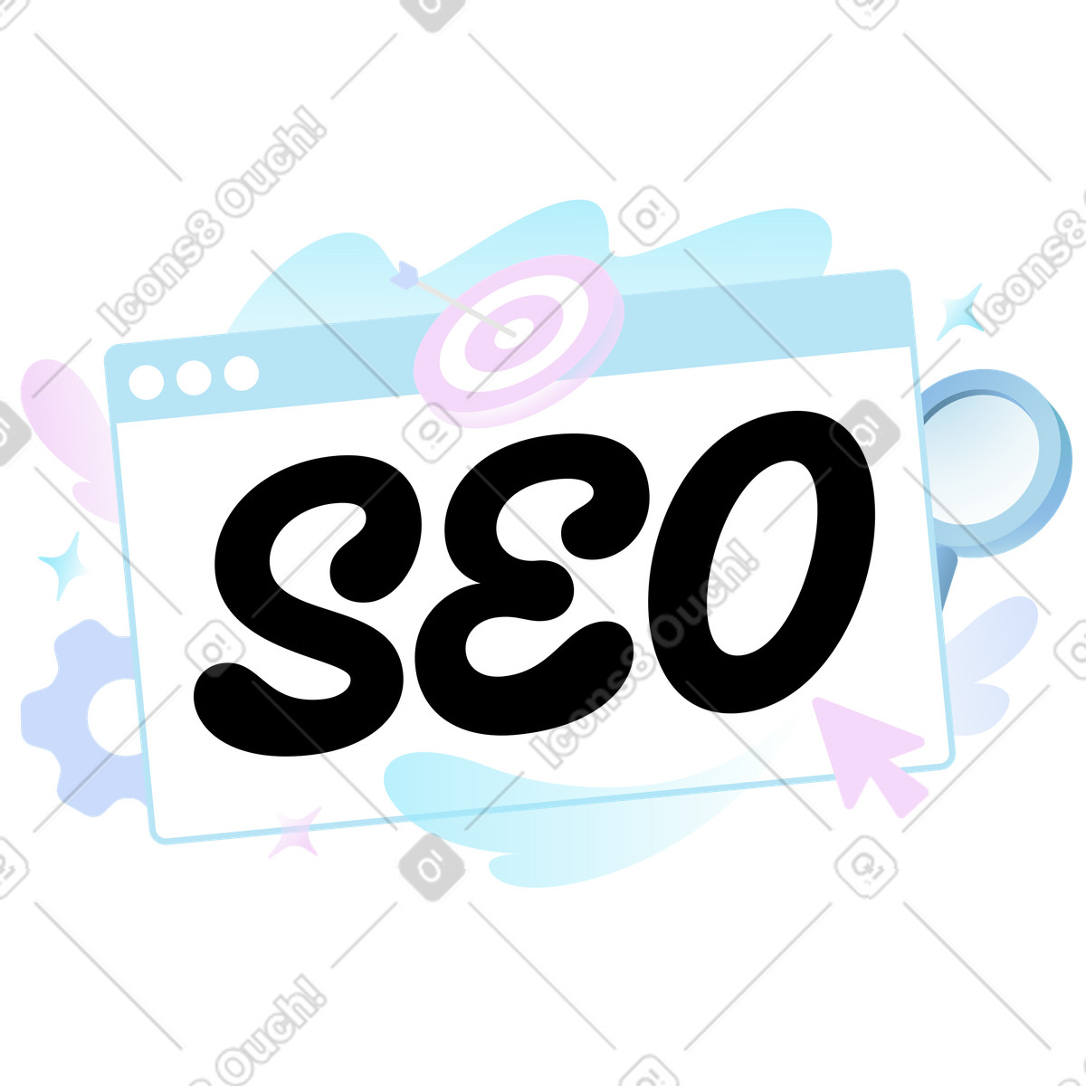 Ilustración Letras seo con texto de destino, lupa y engranaje en estilo Airy a descargar en PNG SVG