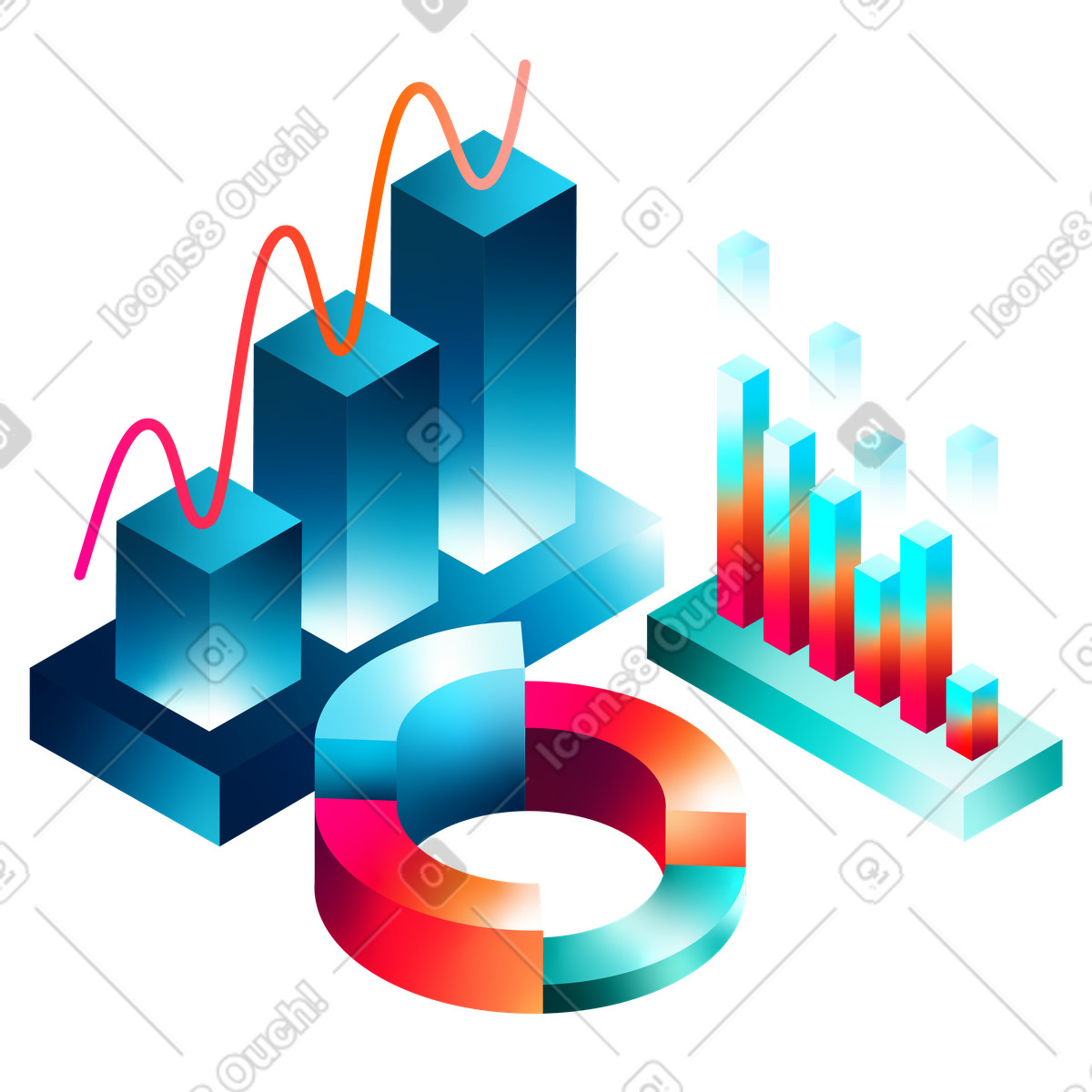 Isometric bar and pie charts, Data visualization and analytics illustration in PNG, SVG